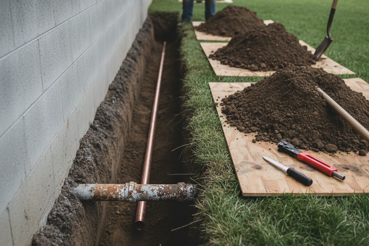 Excavated water line trench during Water Softener Installation in Amboy